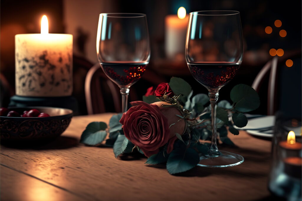 Amantes que celebran aniversario o cena romantica dia san valentin dos copas vino tinto velas escritorio madera